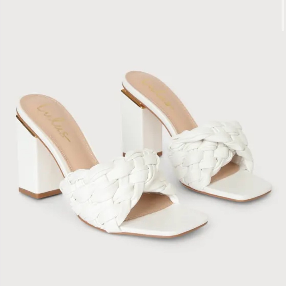 Lulu’s “Madelyn” White High Heels Slide Sandals